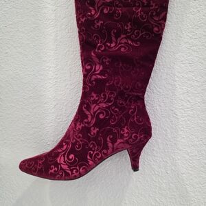 Women's Stretch Memory Foam Wine Red Velvet Knee-High Boots